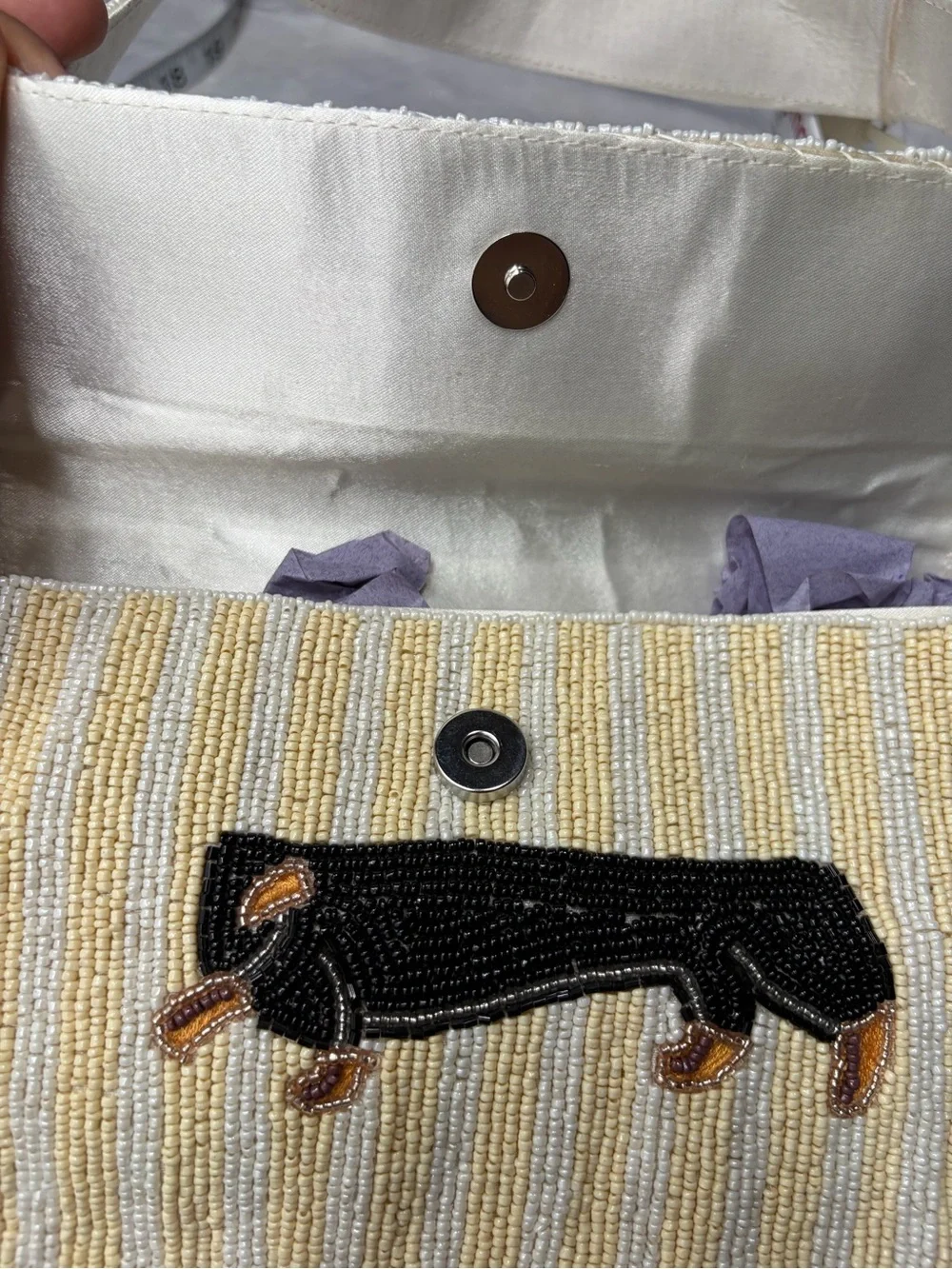 Beaded Dachshund Crossbody Bag in Cream & Black